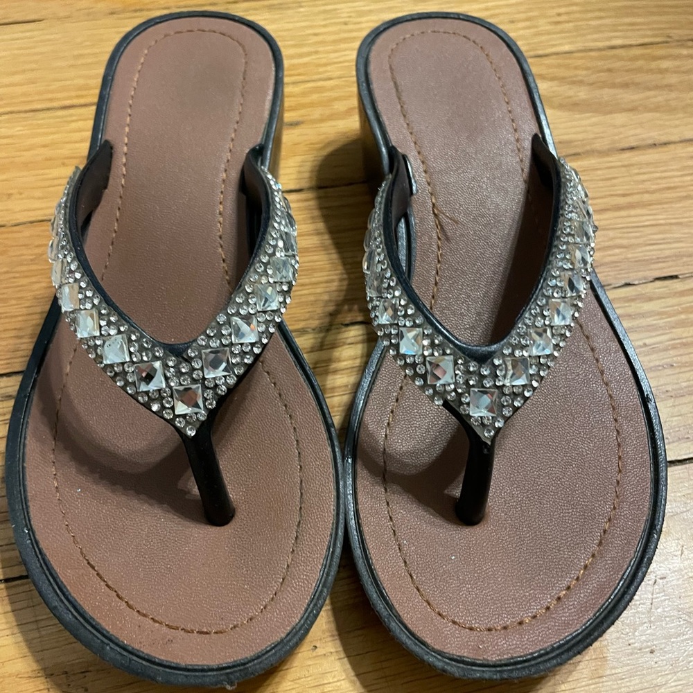 Girls black jeweled flip flop wedge shoes